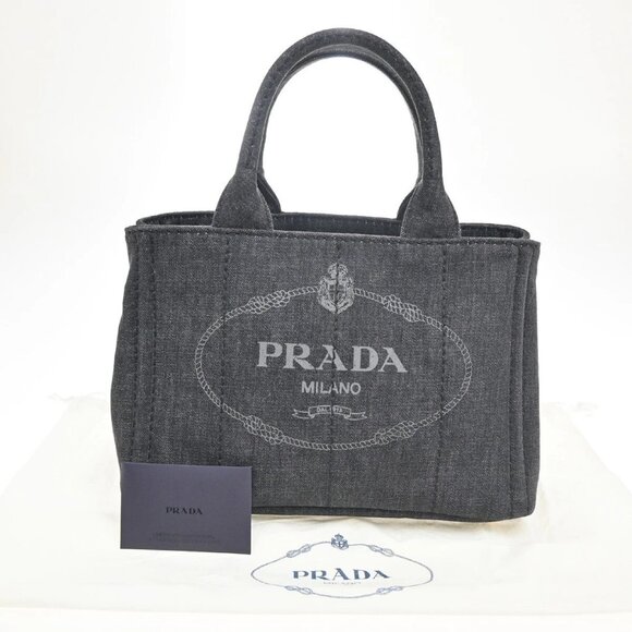 PRADA Milano Logo CANAPA Tote Hand Bag Denim Leather Black Gold Italy 73EF002 - Picture 1 of 16